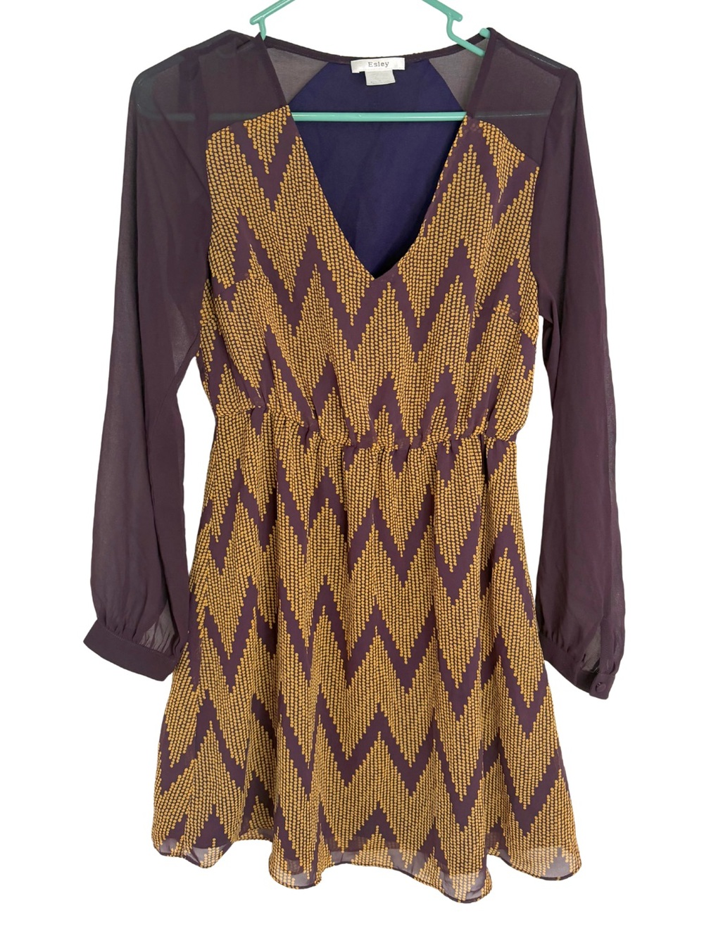 Esley Purple and Mustard Chevron Long Sleeve Knee Length Dress